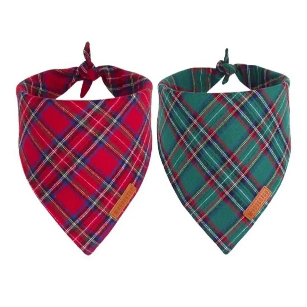 Christmas Dog Bandana 2 Pack, Stylish Plaid Pet Scarf, Premium Cotton, Small